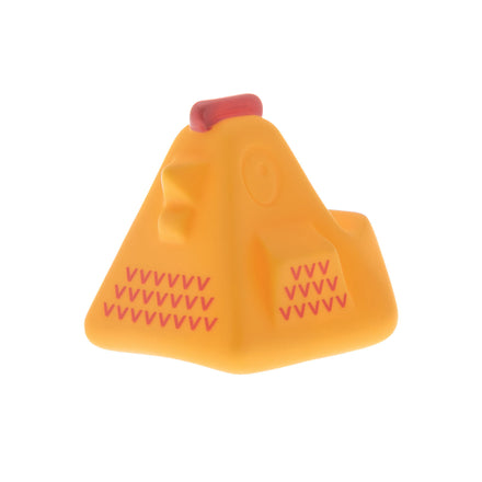 The Nuby US Farm Animal Bath Toys feature a yellow, pyramid-shaped rubber toy with a red handle and pink V patterns—ideal for baby bath time and as a fun addition to stackable bath toy collections.