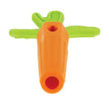The Silicone Carrot Tube Teether is an orange and green baby teething toy with textured grips, a hollow center, and the green carrot top crossing through the orange handle.
