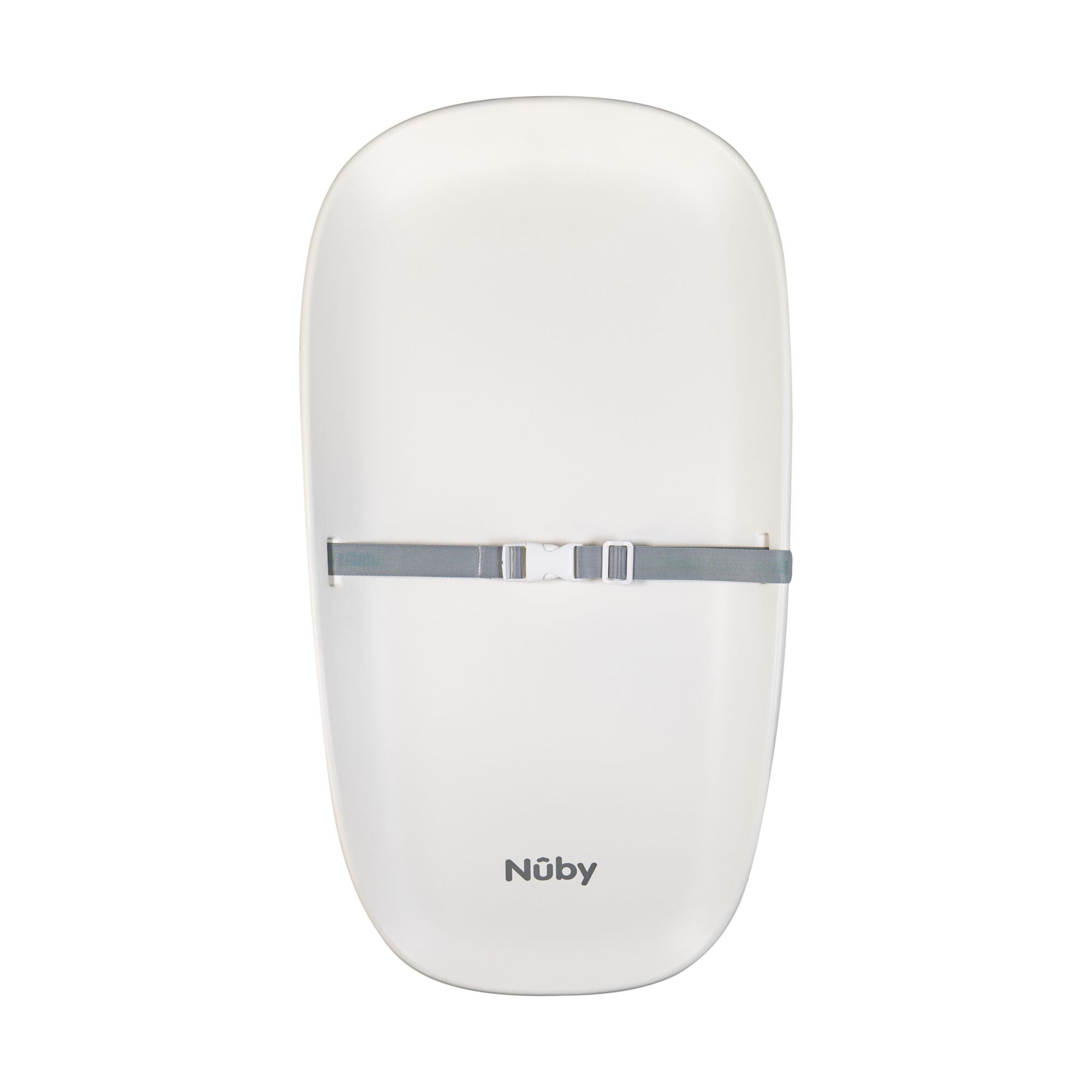 A white Changing Pad with curved edges, non-slip base, gray safety harness and buckle across the middle, and the Nûby logo at the bottom.