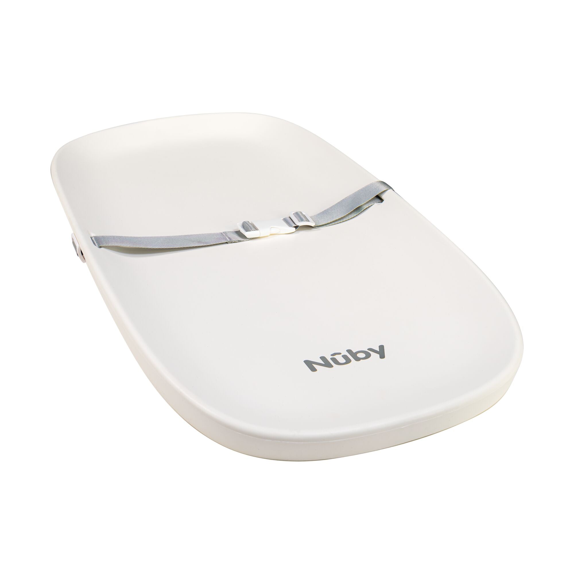 The Changing Pad is white with a contoured shape, non-slip base, and grey safety harness across the middle. The Nûby brand name is printed near the bottom.