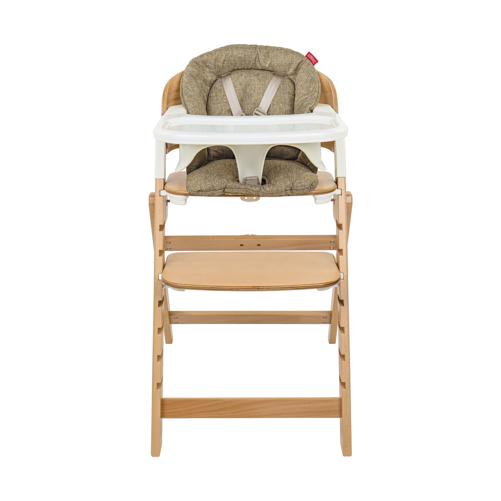 The Grow with Me Foldable High Chair is a wooden adjustable high chair featuring a beige cushion, safety harness, adjustable footrest, and a detachable white tray, designed for infants or toddlers.