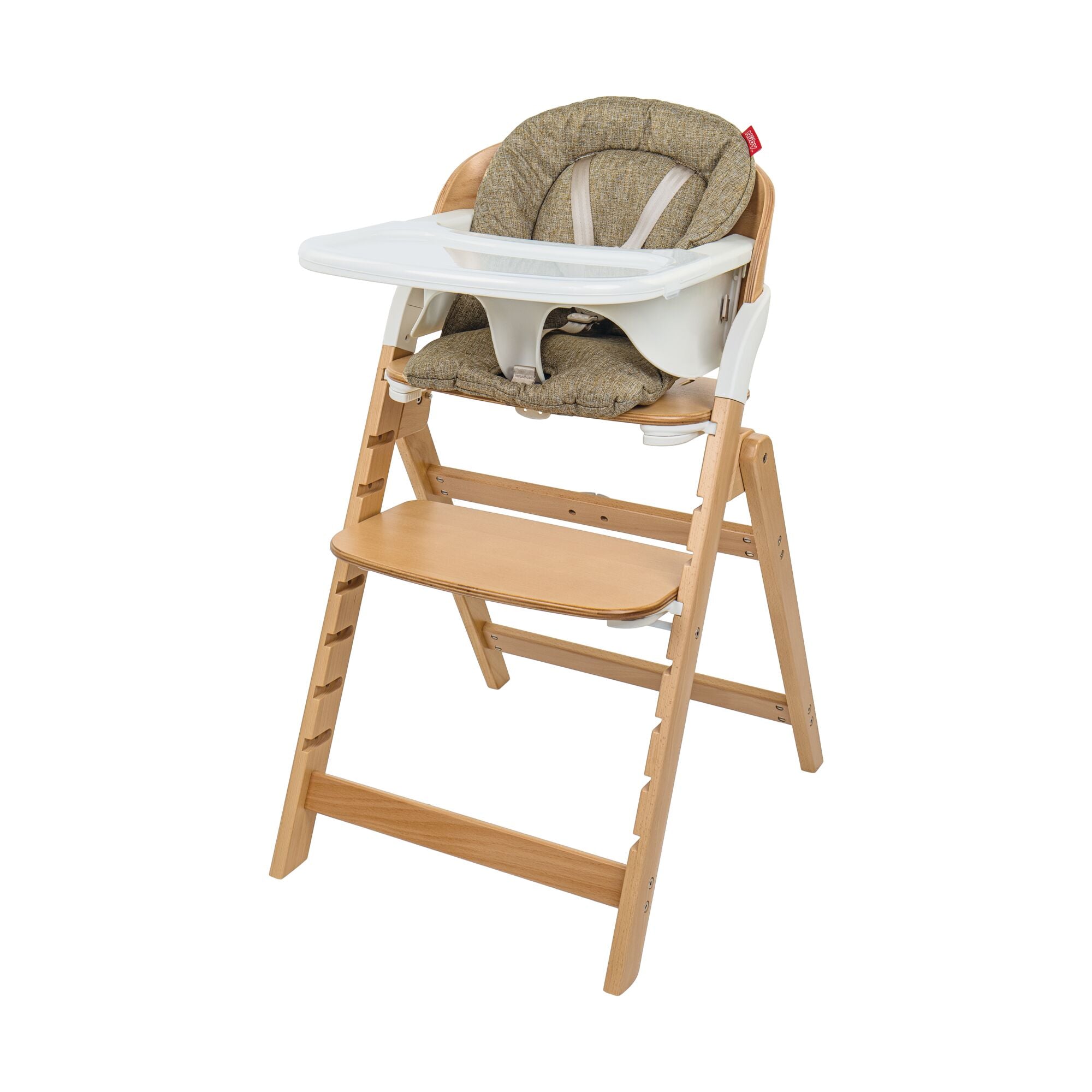 Grow with Me Foldable High Chair featuring a wooden adjustable frame, padded seat, safety harness, white food tray, and adjustable footrest. Perfectly designed for babies and toddlers as they grow.
