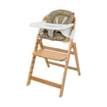 Grow with Me Foldable High Chair featuring a wooden adjustable frame, padded seat, safety harness, white food tray, and adjustable footrest. Perfectly designed for babies and toddlers as they grow.