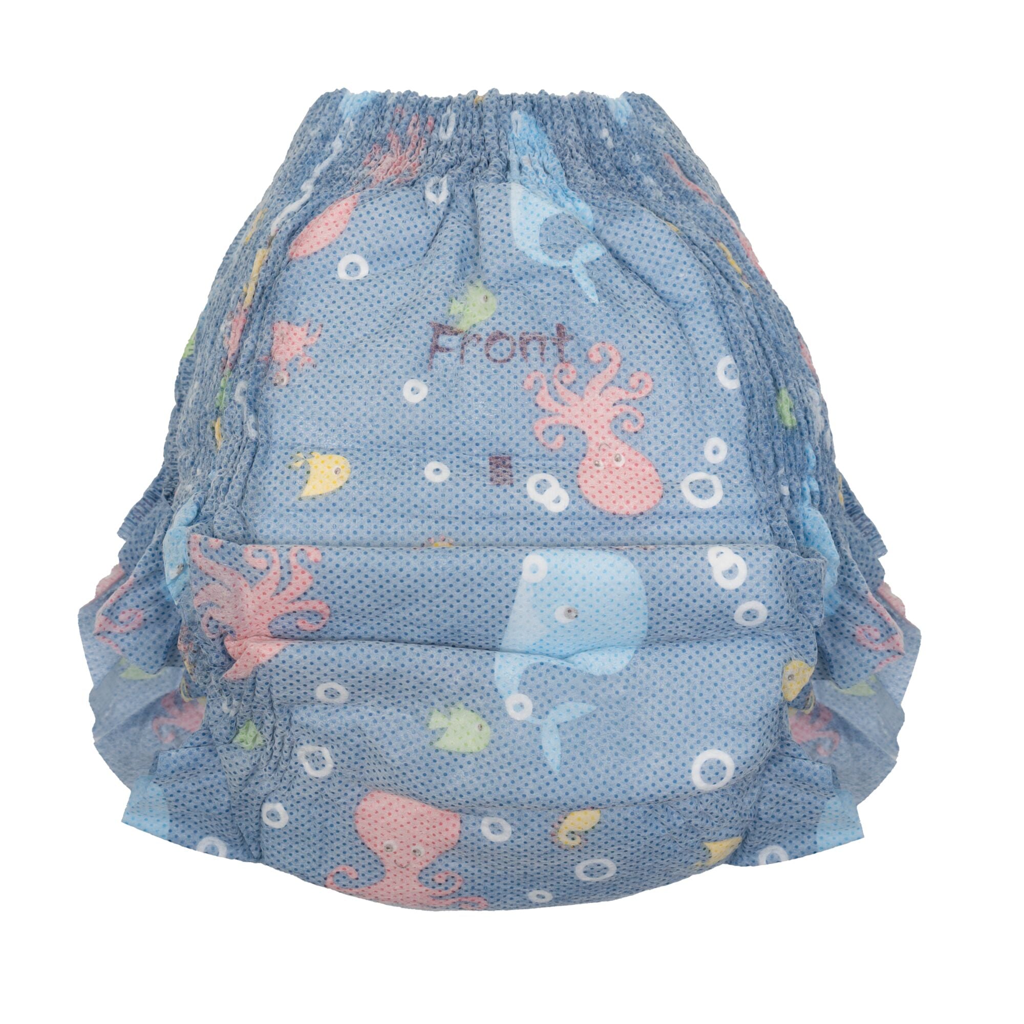 Nuby Swim Diapers (5 Pack) | Large: Blue, water-resistant, disposable swim pants for kids with pastel sea animal prints (octopuses and fish) and "Front" on the waistband; ideal for swimming.