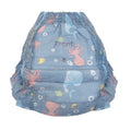 Nuby Swim Diapers (5 Pack) | Large: Blue, water-resistant, disposable swim pants for kids with pastel sea animal prints (octopuses and fish) and "Front" on the waistband; ideal for swimming.