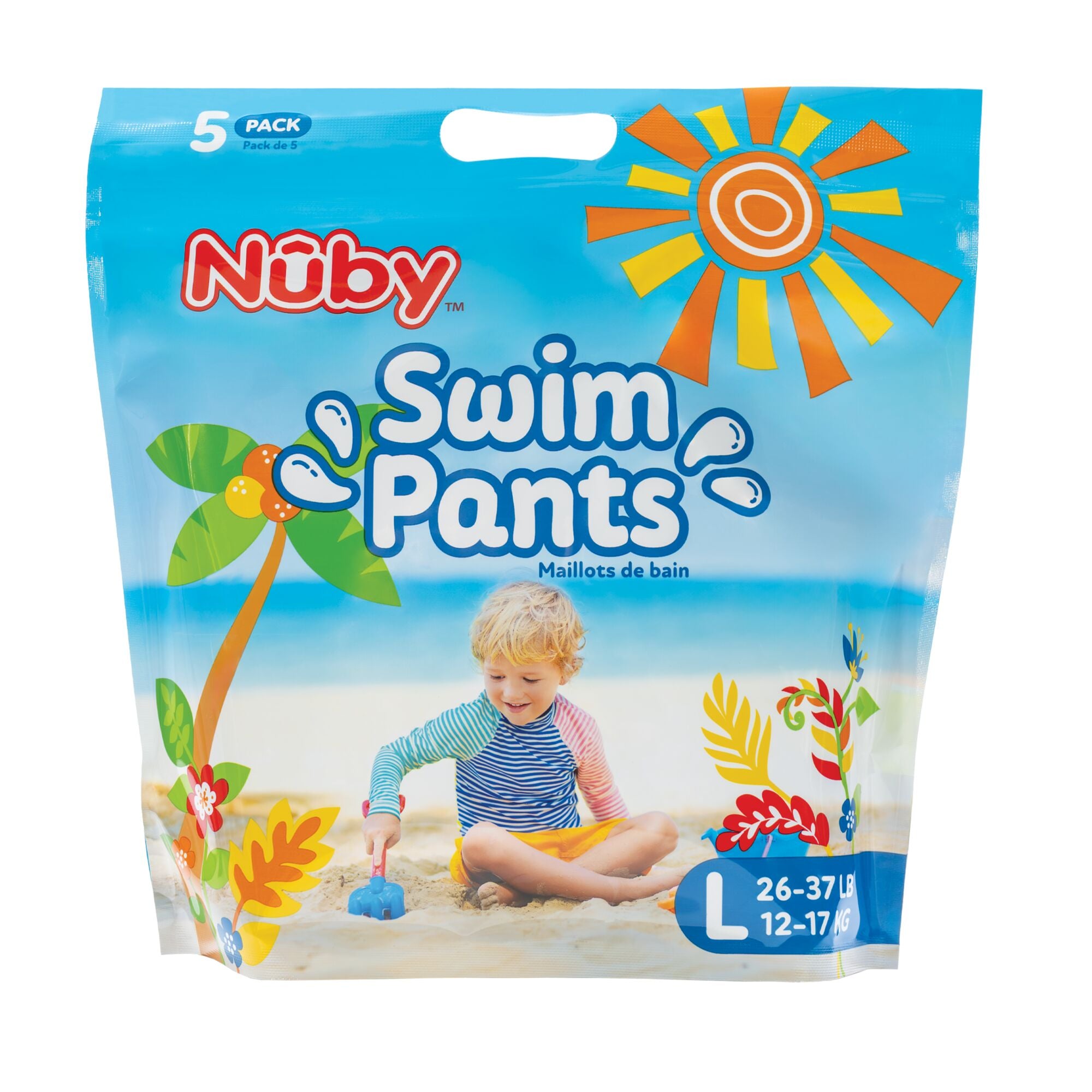 A 5-pack of Nuby Swim Diapers (Large) for children 26–37 lbs, ages 12–17 months, features water-resistant design and beach-themed packaging with a child playing in the sand, tropical graphics, and product details.