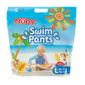 A 5-pack of Nuby Swim Diapers (Large) for children 26–37 lbs, ages 12–17 months, features water-resistant design and beach-themed packaging with a child playing in the sand, tropical graphics, and product details.