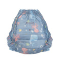 Nuby Swim Diapers (5 Pack) | Medium are blue disposable swim diapers for children, water-resistant, with ocean-themed cartoon animals like octopus, whale, and fish, and the word "Front" printed on each diaper.