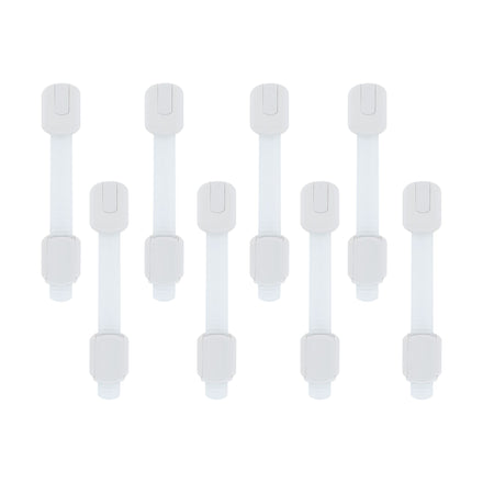 Eight identical Nuby Safety Cabinet Latches with flexible straps are arranged in two rows on a white background—ideal multi-use locks designed to enhance child safety.
