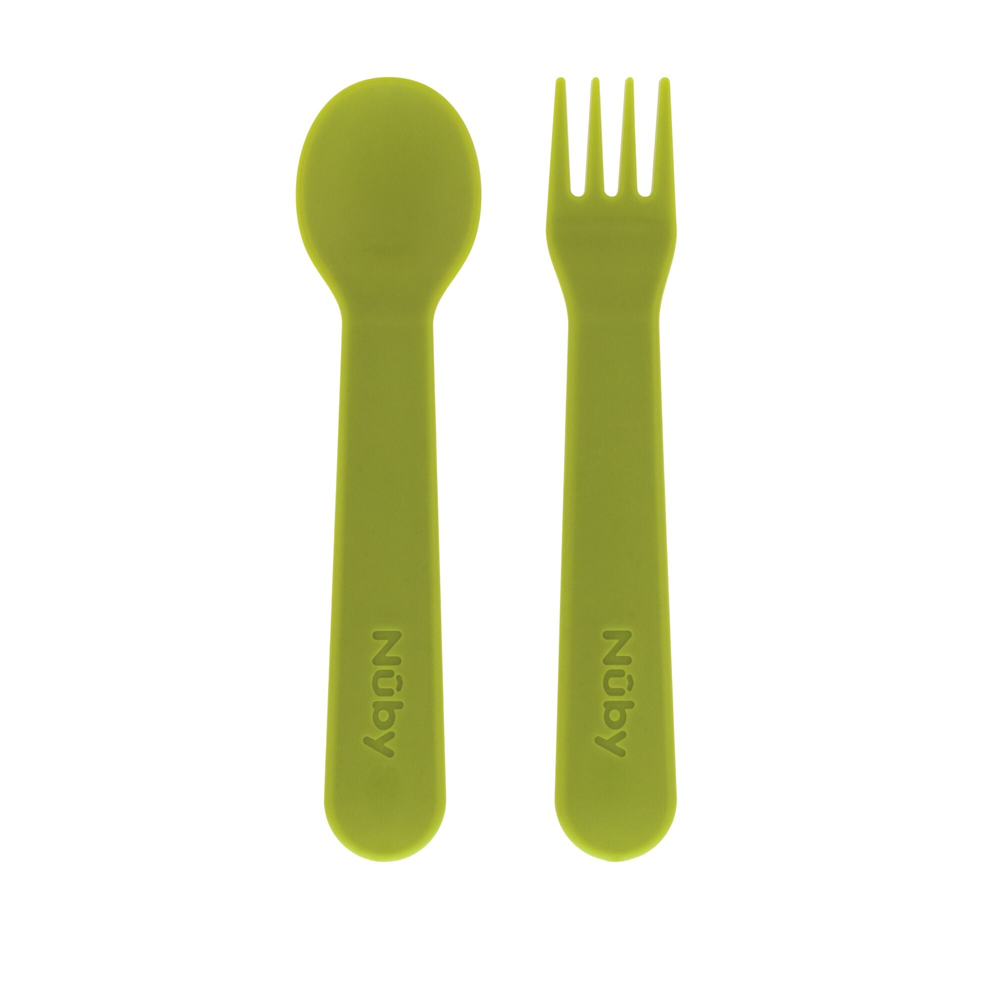The Nuby Toddler Utensil Set | Dino features a green plastic spoon and fork with embossed handles, shown side by side on a white background—an ideal self-feeding set for toddlers.