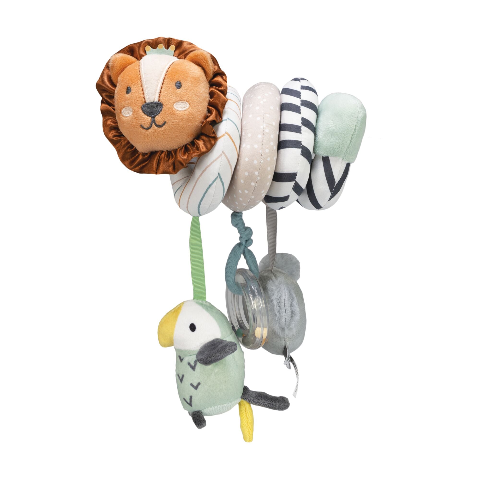 The Animal Adventures Spiral Activity Toy | Safari features a plush lion head, rings, a green bird, and a round rattle hanging from a soft spiral in neutral and pastel colors, designed for sensory play.