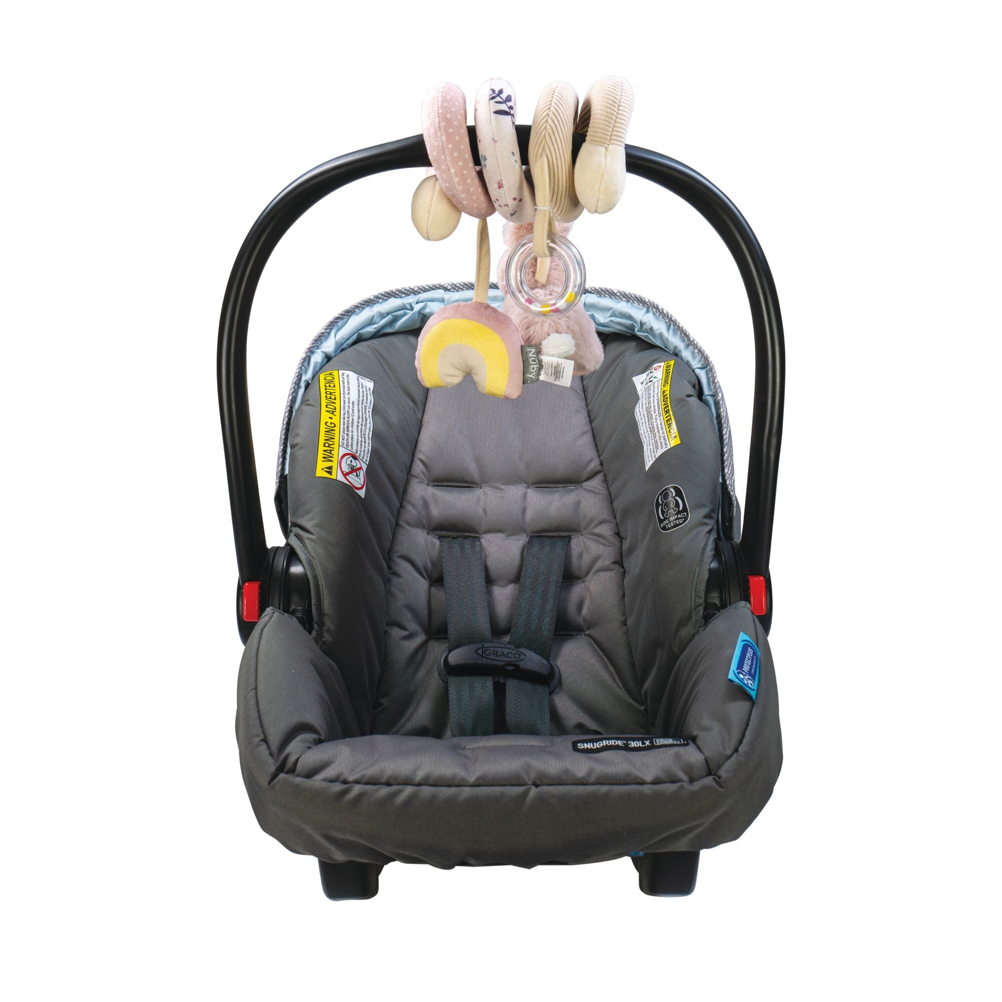 A gray infant car seat with safety harness and warning labels features a black handle with the Animal Adventures Spiral Activity Toy | Bunny, offering soft pastel-colored sensory toys. The seat is shown facing forward on a white background.