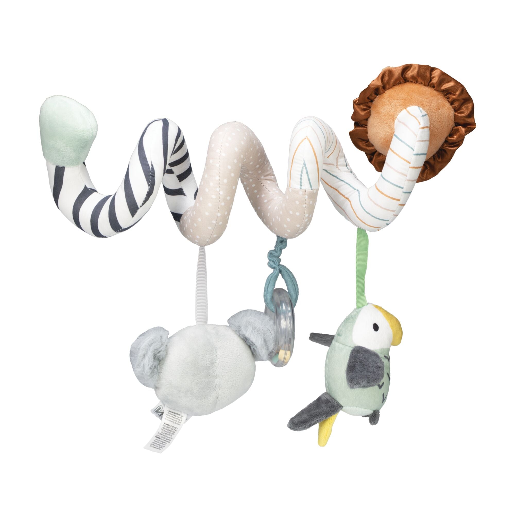 The Animal Adventures Spiral Activity Toy | Safari is a soft spiral toy featuring plush animals like a koala and parrot, plus a blue ring and brown crinkled circle, designed to wrap around crib or stroller bars for sensory play.