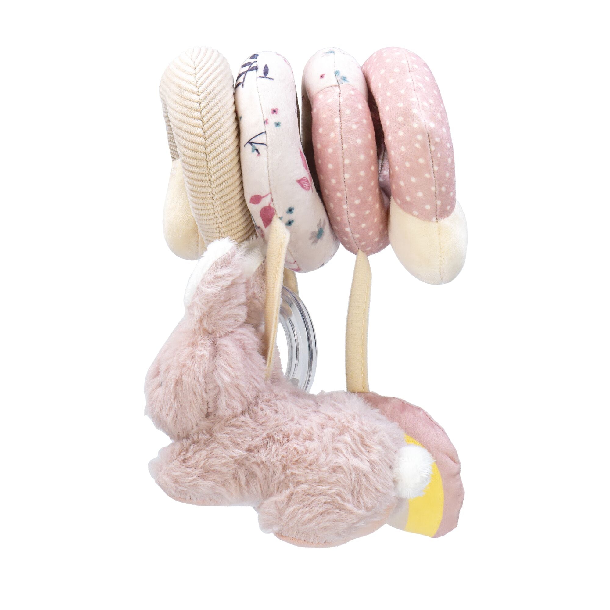 The Animal Adventures Spiral Activity Toy | Bunny features soft pastel colors, a plush bunny, and fabric rings in pink, cream, and floral patterns. Designed to hang from a crib or stroller for sensory development.