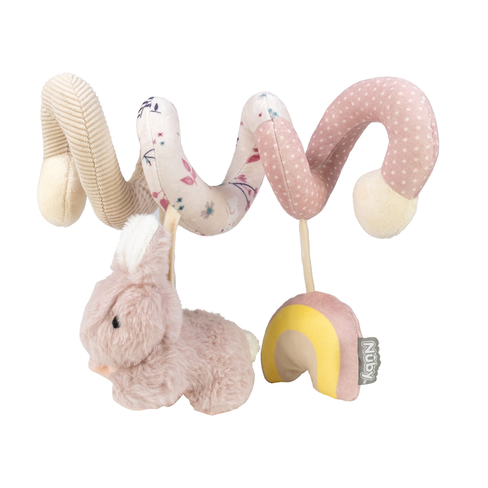 The Animal Adventures Spiral Activity Toy | Bunny is a soft, pastel activity toy for strollers with hanging plush figures—a pink bunny and a yellow-and-pink rainbow—on fabric loops, offering engaging sensory play for babies.