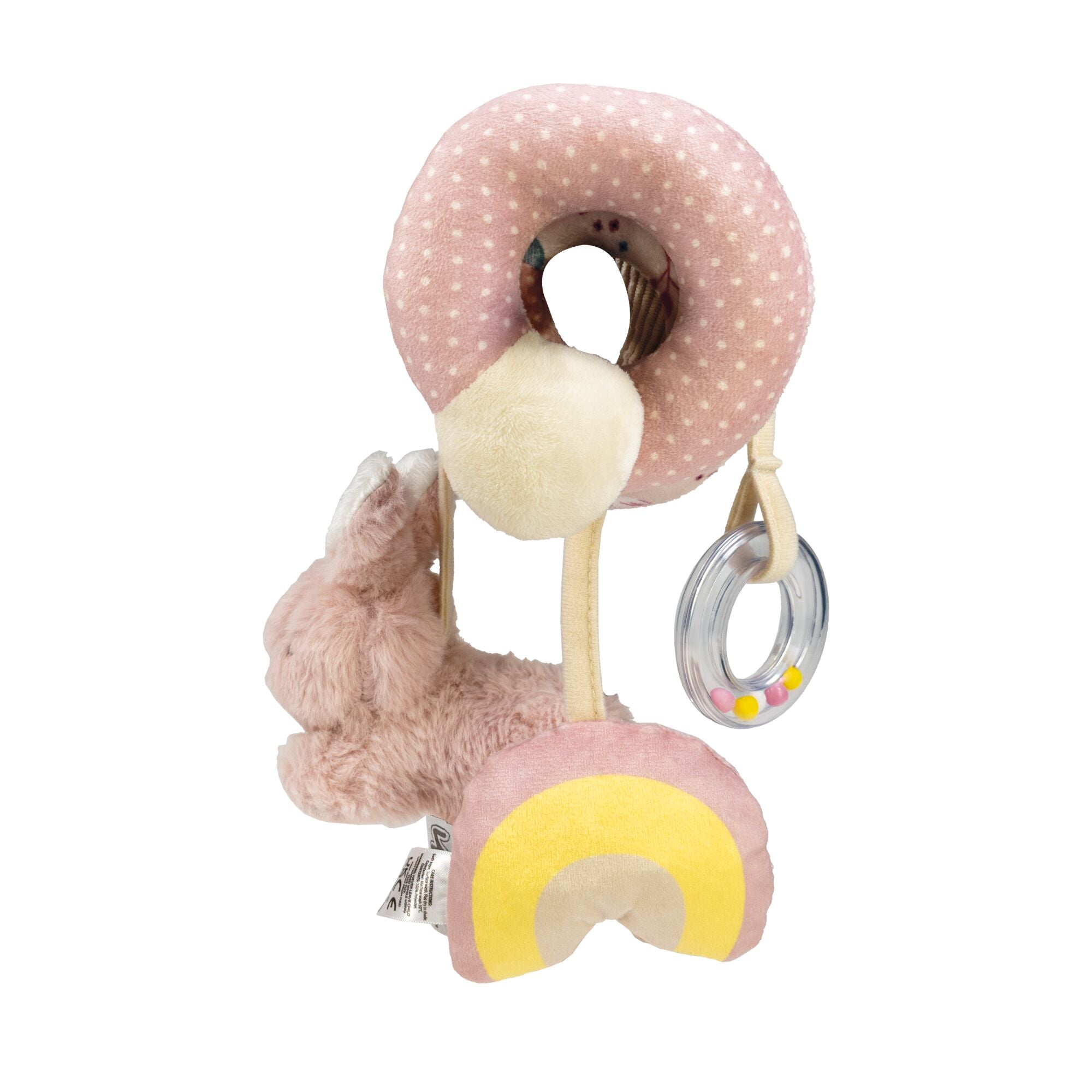 The Animal Adventures Spiral Activity Toy | Bunny features a plush bunny, pink polka-dot ring, yellow and white rainbow, and bead-filled ring on fabric loops—perfect for sensory play and early development.
