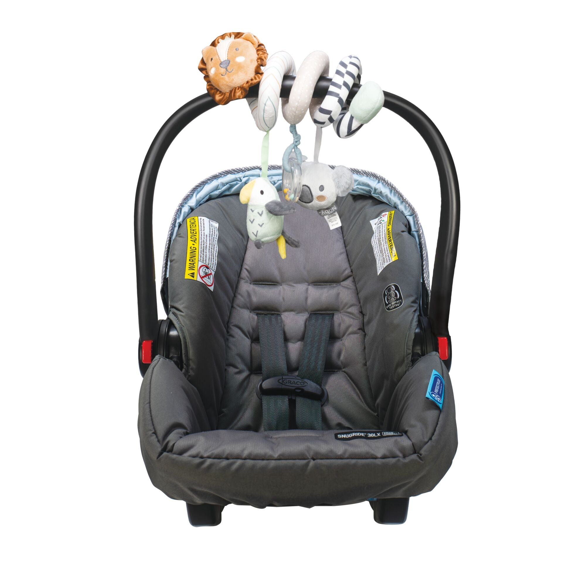 The Animal Adventures Spiral Activity Toy | Safari features soft, plush safari animals like a lion and koala designed to wrap around an infant car seat handle for sensory play.