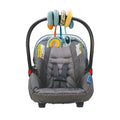 The Animal Adventures Spiral Activity Toy | Elephant, shown on a gray infant car seat with a black handle and safety straps, features hanging sensory toys like a rainbow and rings. The background is white.