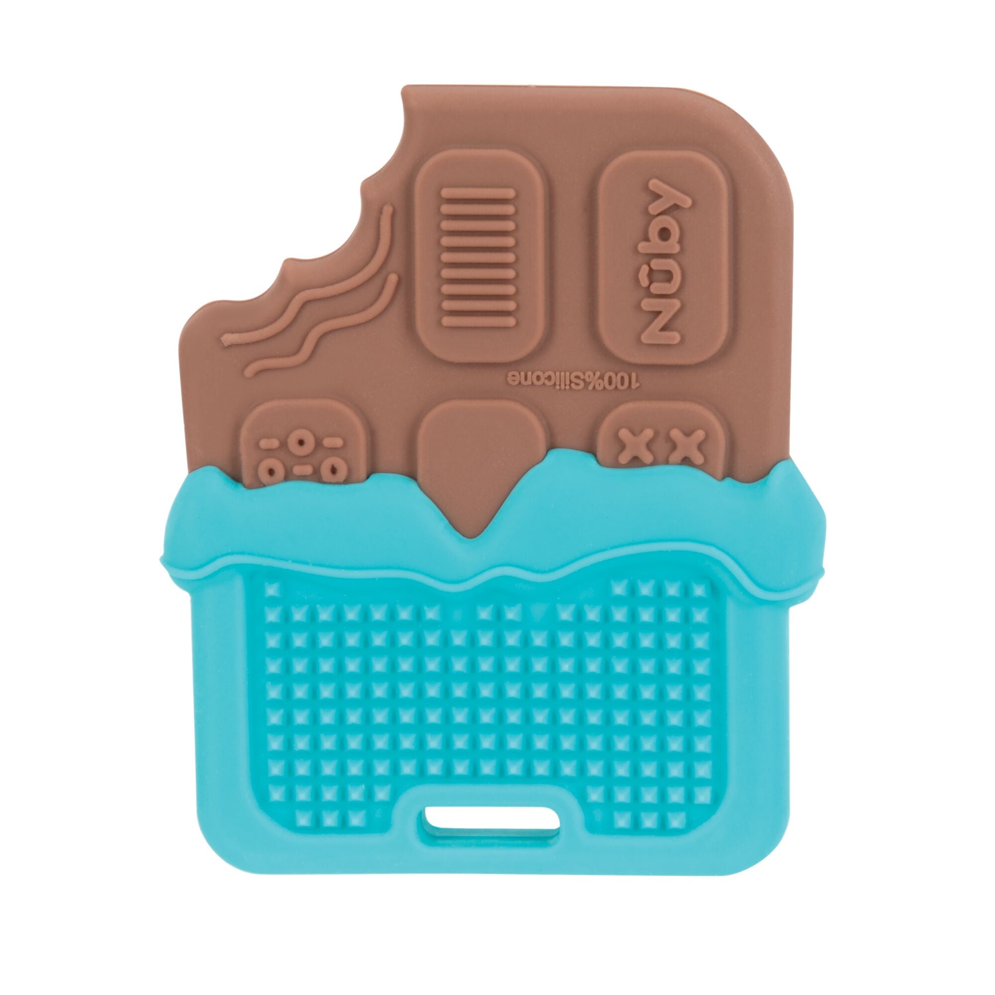 The Silicone Chocolate Bar Teether is a playful teething toy shaped like a bitten chocolate bar, with a blue lower half and textured surface to help soothe your baby’s teething discomfort.