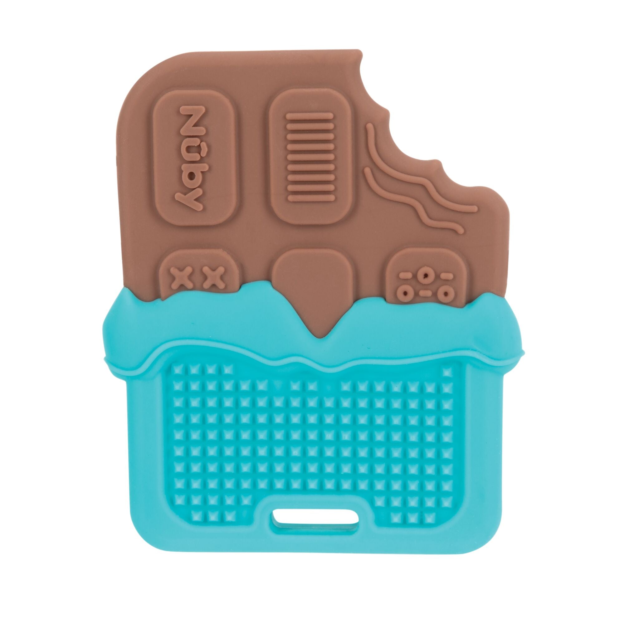 The Silicone Chocolate Bar Teether is a playful baby teething toy, designed to resemble a chocolate bar with a bite taken out. Featuring brown and blue sections and textured surfaces for chewing, this silicone teether helps soothe sore gums while keeping your little one engaged.