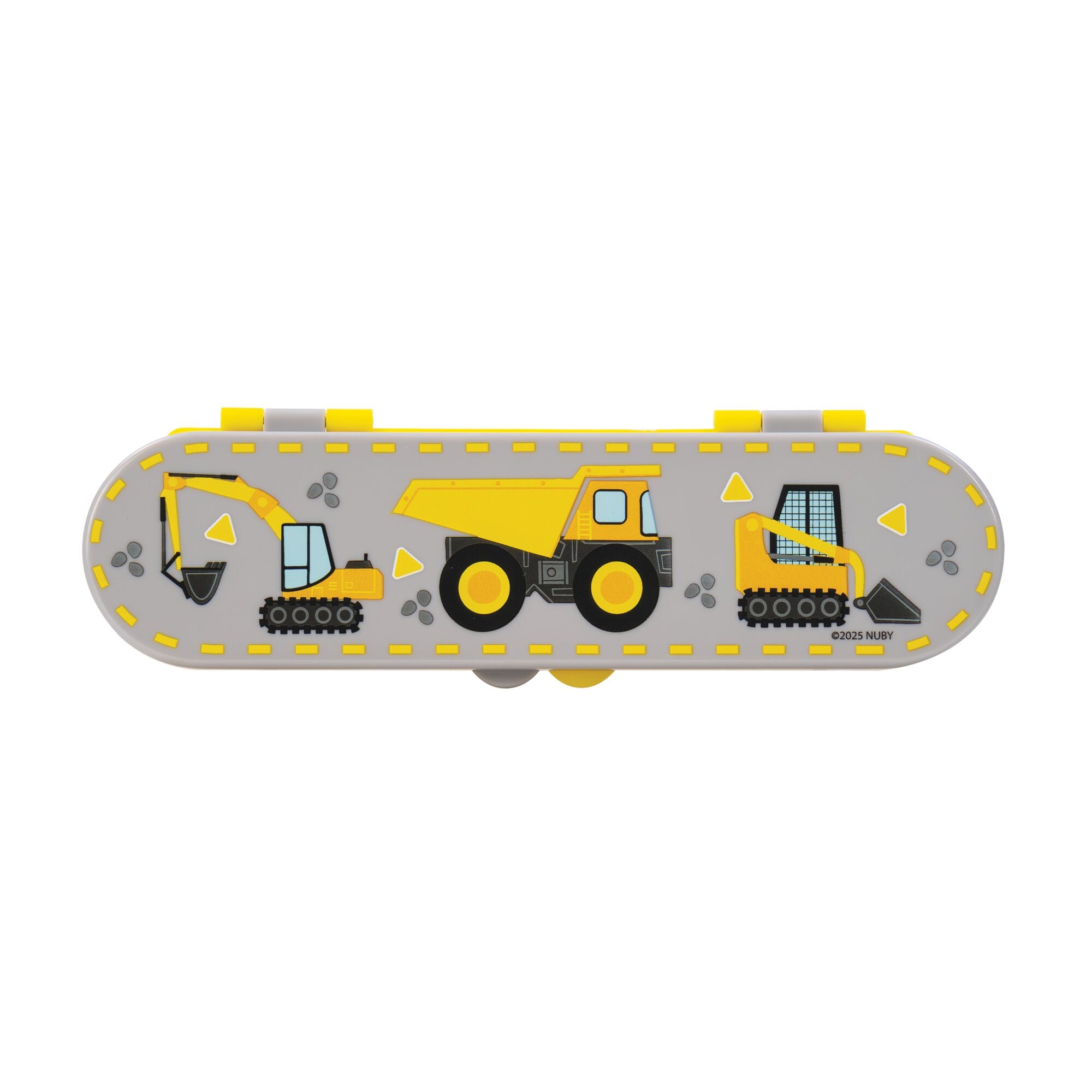 The Nuby Stainless Steel Toddler Utensil Set | Construction Zone comes in a gray rectangular case with cartoon yellow construction vehicles and rocks, perfect for storing toddler utensils or self-feeding essentials.