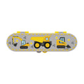 The Nuby Stainless Steel Toddler Utensil Set | Construction Zone comes in a gray rectangular case with cartoon yellow construction vehicles and rocks, perfect for storing toddler utensils or self-feeding essentials.