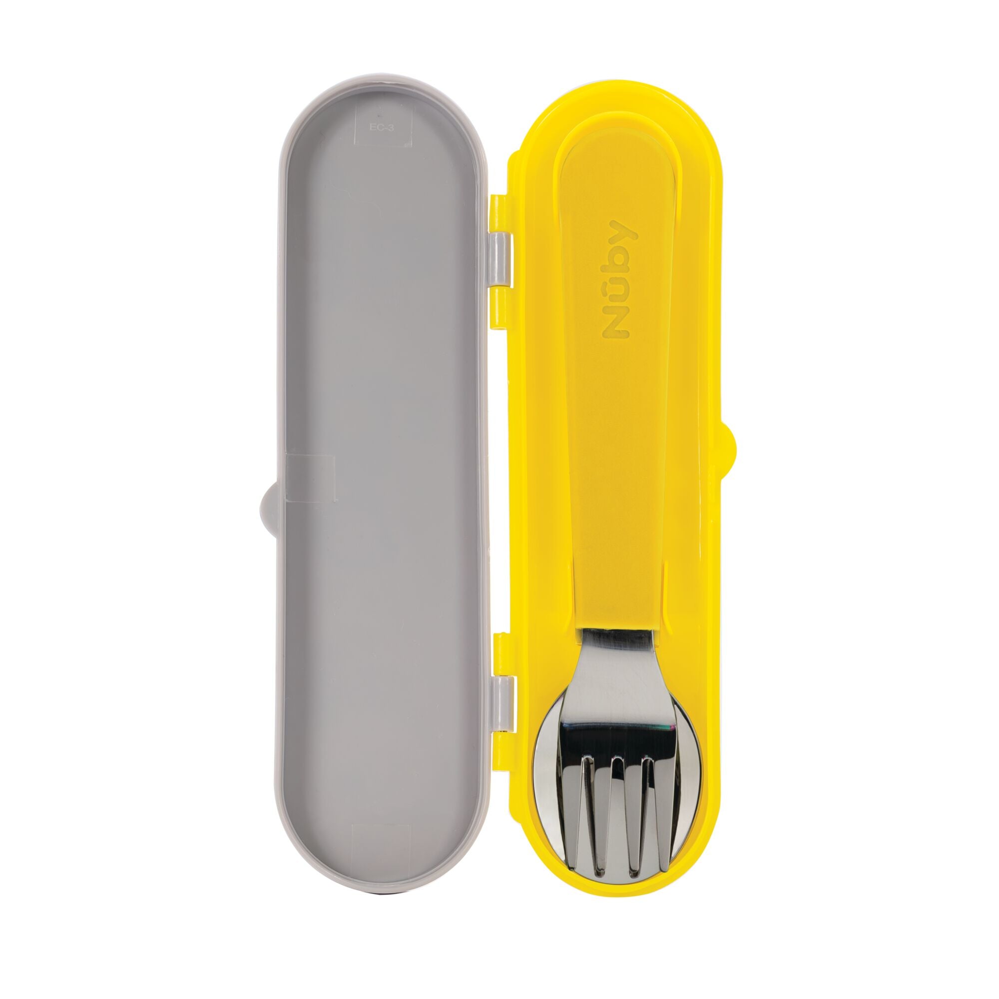 A Nuby Stainless Steel Toddler Utensil Set | Construction Zone, featuring a yellow-handled fork, is neatly stored in an open grey and yellow travel case with a hinged lid for easy transport.