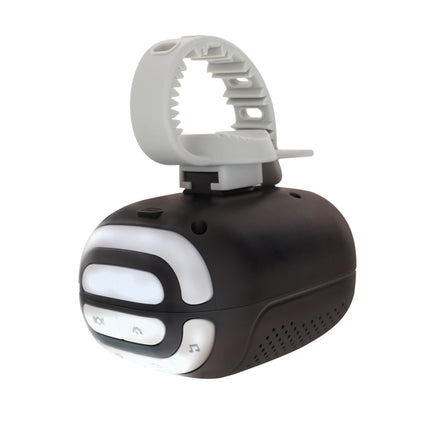 The Nuby Stroller Rocker is a black and white electronic device with buttons, soothing sounds, vented sides, a rounded shape, and a large adjustable clamp to attach securely to strollers or similar cylindrical objects.