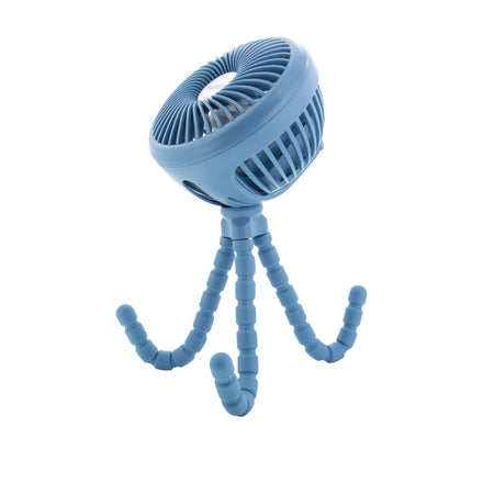 The Large LED Stroller Fan in blue has a round head and flexible, octopus-like tripod legs. Its USB-C rechargeable, adjustable segmented legs allow for versatile positioning, making it perfect for strollers.