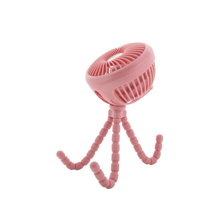 The Large LED Stroller Fan | Pink features a caged, round head with flexible tripod legs and a USB-C rechargeable design, letting you place or wrap it for convenient cooling and added LED lighting wherever you go.