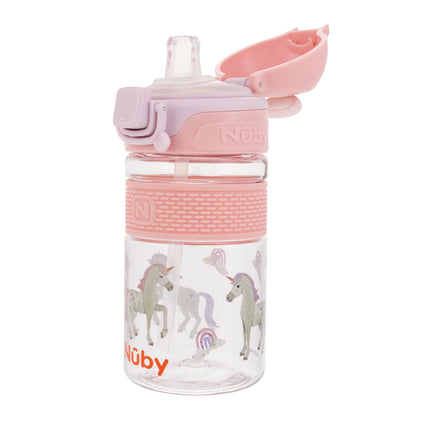 The Nuby US Thirsty Kids Flip-It BOLT Water Bottle | Unicorn features a clear design with unicorn and rainbow prints, a pink flip-top lid, textured grip band, and the Nuby logo in orange.