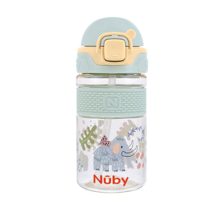 The Nuby US Thirsty Kids Flip-It BOLT Water Bottle | Mammoths features a clear design, mint green and beige flip-top, no-spill lid, straw, textured grip, playful mammoth illustrations, colorful plants, and "Nûby" in red near the bottom.