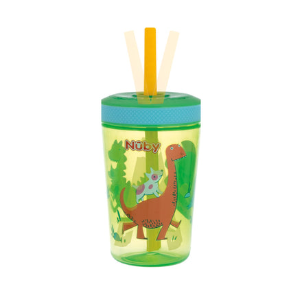 The Nuby Thirsty Kids Super Sipper Straw Cup in green and blue has a teal lid, two yellow straws, dinosaur illustrations, and a no-spill design—perfect for toddlers.