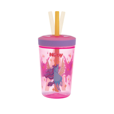 The Nuby Thirsty Kids Super Sipper Straw Cup in pink and purple is a leak-resistant, no-spill cup with three replacement straws, featuring a magical winged unicorn with sparkles on a pink background.