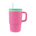 The Silicone Tiny Tumbler | Blossom is a pink silicone toddler tumbler with a handle, featuring a blue and yellow lid and a clear, spill-proof straw cup design, shown against a white background.