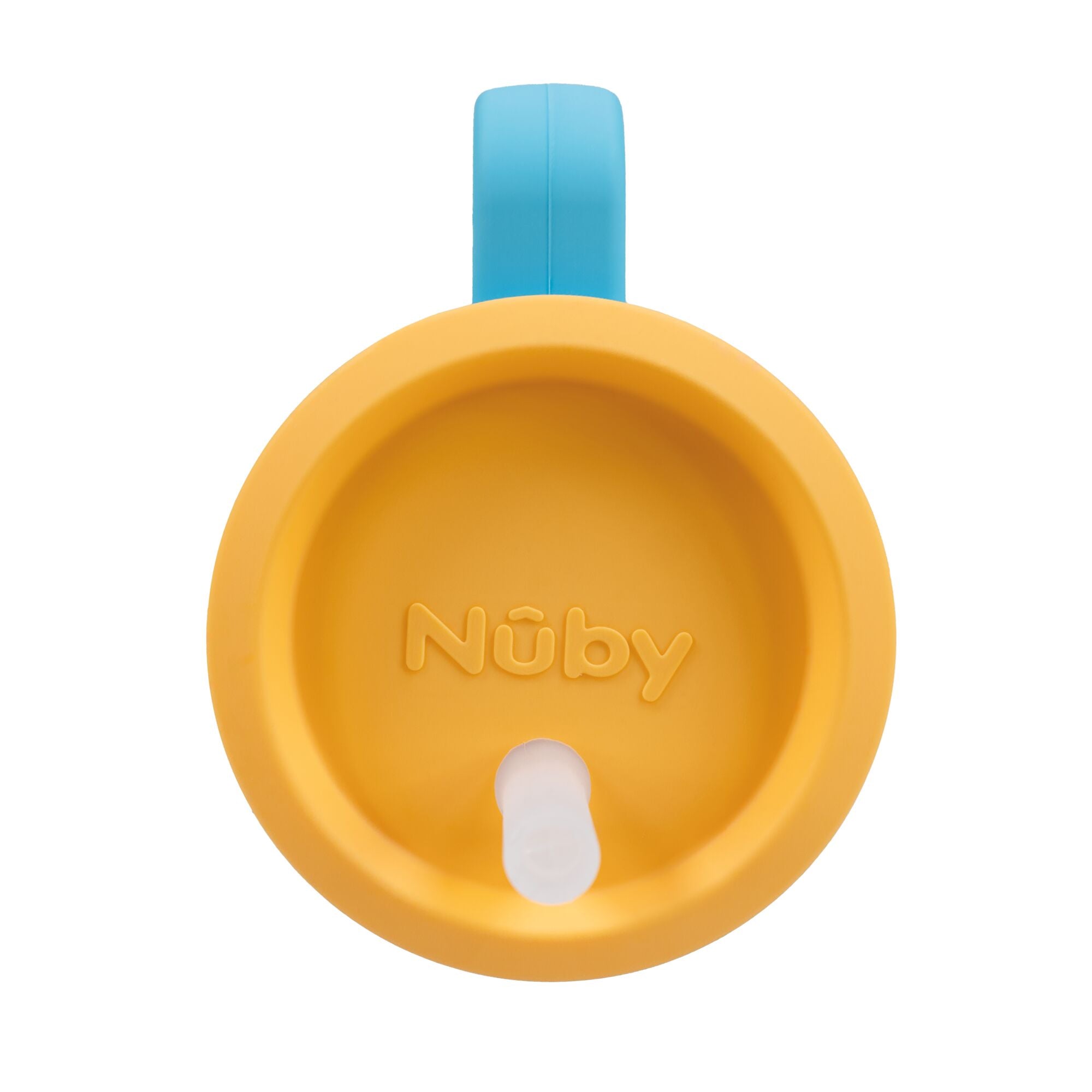 Top view of the Electric Blue Silicone Tiny Tumbler, featuring a yellow, round lid with a white spout in the center and a blue handle visible at the top. The Nuby logo is embossed on the lid. This spill-proof tumbler is designed for toddlers, making it perfect for mess-free use.