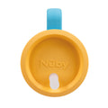 Top view of the Electric Blue Silicone Tiny Tumbler, featuring a yellow, round lid with a white spout in the center and a blue handle visible at the top. The Nuby logo is embossed on the lid. This spill-proof tumbler is designed for toddlers, making it perfect for mess-free use.