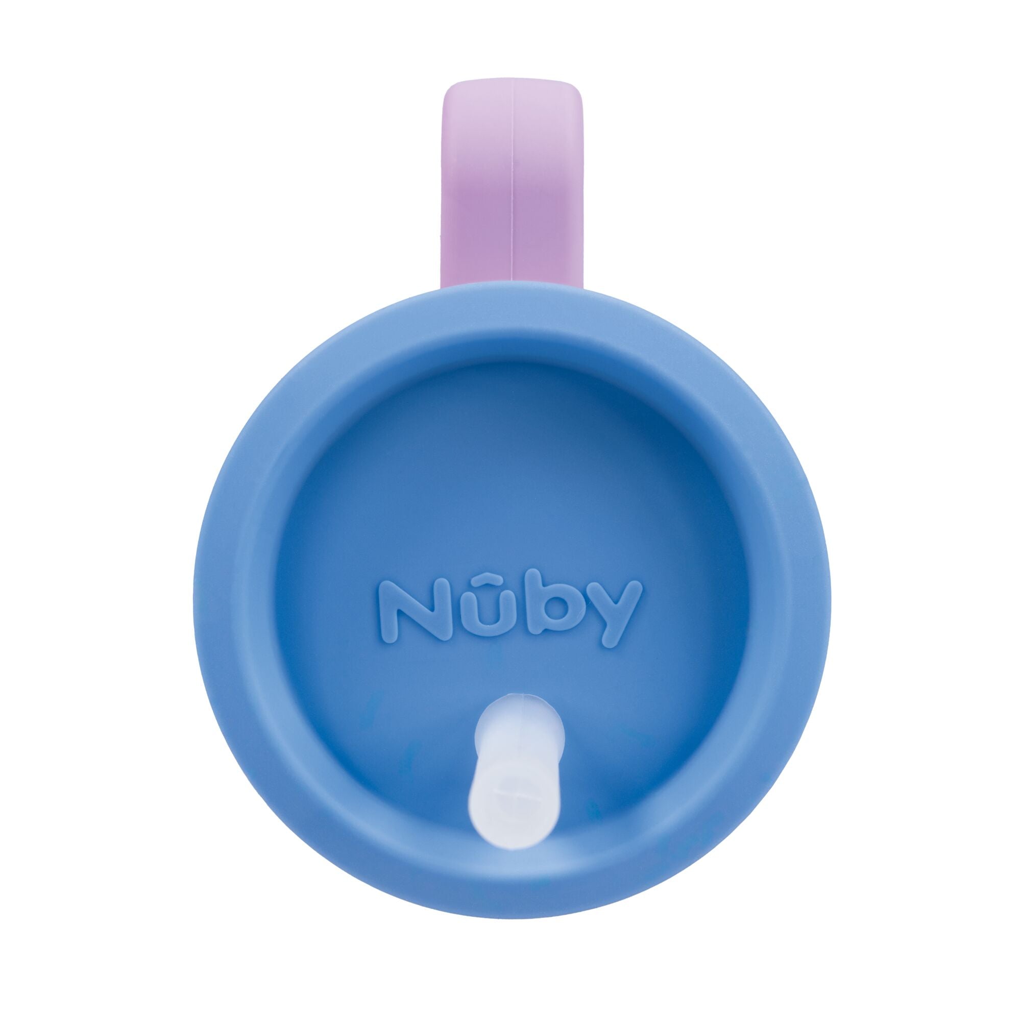 A top-down view of the Silicone Tiny Tumbler in Lavender by Nûby, featuring a purple handle and a white spout in the center.