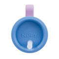 A top-down view of the Silicone Tiny Tumbler in Lavender by Nûby, featuring a purple handle and a white spout in the center.