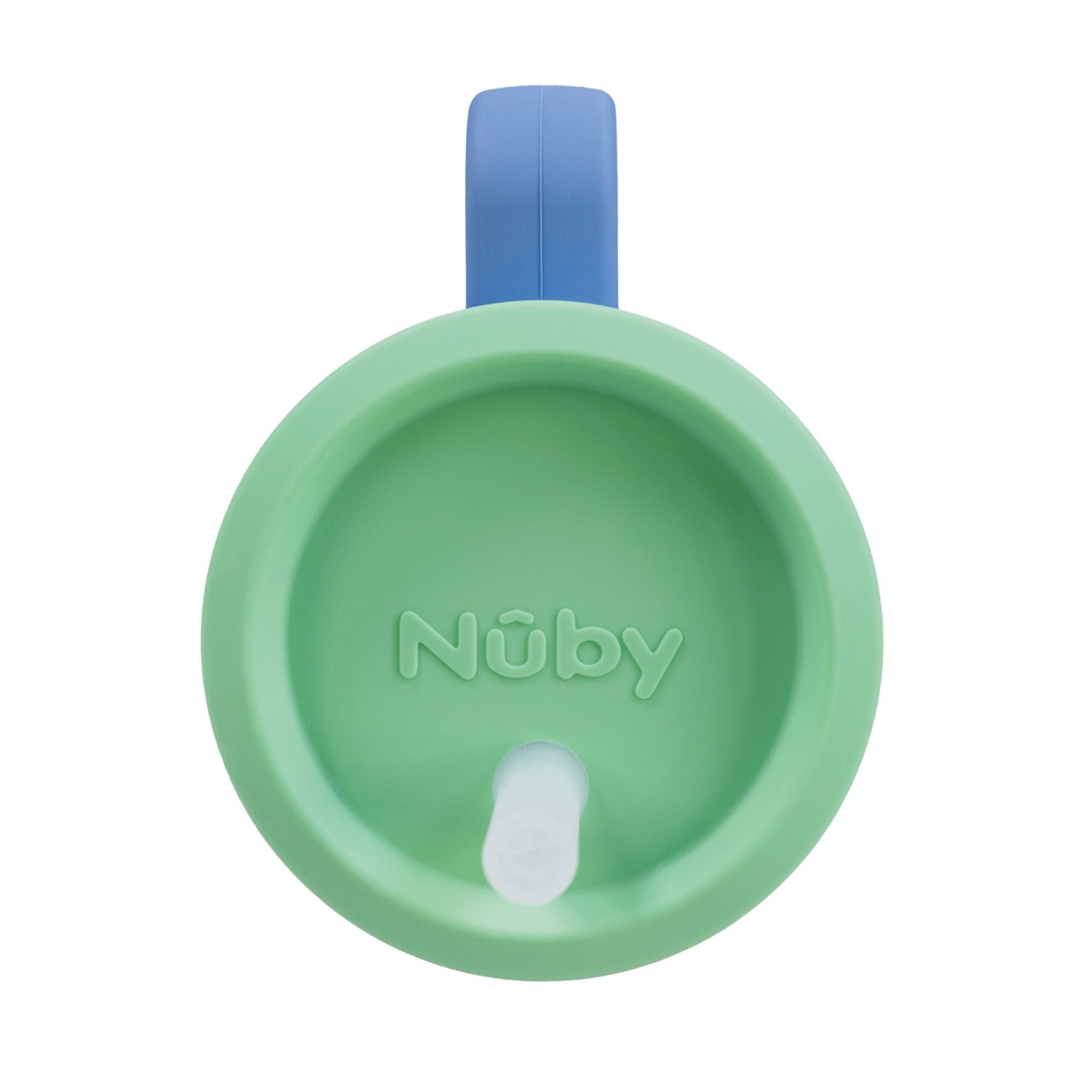A periwinkle Silicone Tiny Tumbler is shown from above. The Nûby logo is embossed on the lid, and a white spout is visible near the rim.