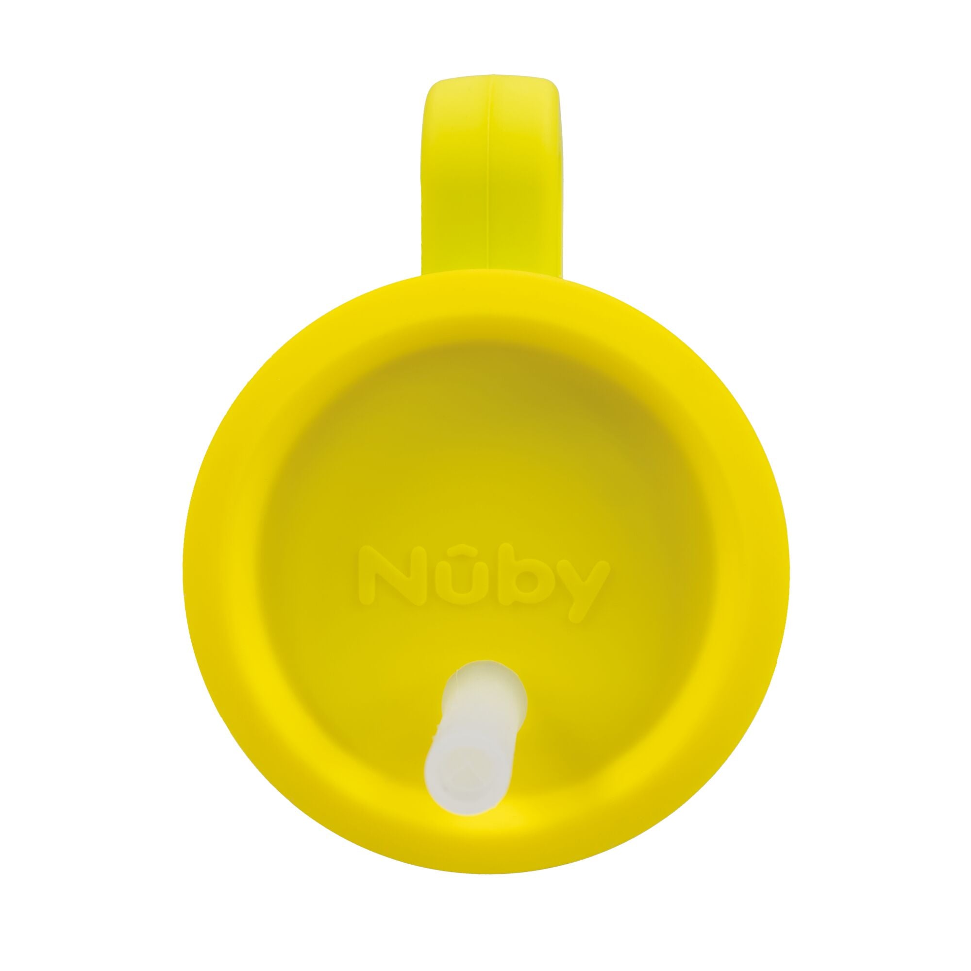 Lemon lime Silicone Tiny Tumbler lid with a flexible silicone straw in the center, viewed from above. A yellow handle is visible at the top of the circular lid.