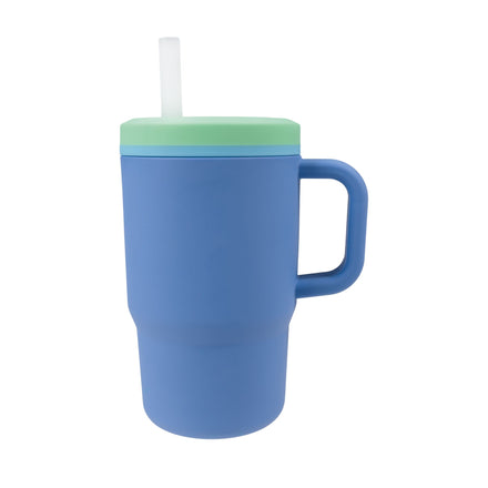 A large periwinkle insulated silicone toddler tumbler with a handle, a light green lid, and a clear straw.