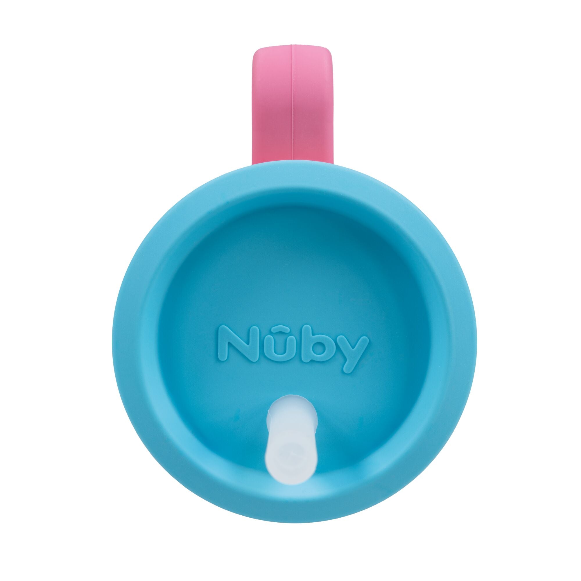 Blossom Silicone Tiny Tumbler featuring a blue lid, white spout, and pink handle as seen from above; this spill-proof cup is perfect for toddlers learning to drink independently.