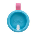 Blossom Silicone Tiny Tumbler featuring a blue lid, white spout, and pink handle as seen from above; this spill-proof cup is perfect for toddlers learning to drink independently.
