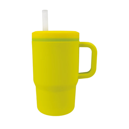 The Silicone Tiny Tumbler | Lemon Lime is a vibrant yellow insulated cup with a handle and matching yellow lid, featuring a clear spill-proof straw design. Displayed against a plain white background, this plastic-free kids cup also serves as a silicone toddler tumbler, ideal for little hands.
