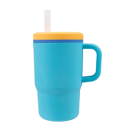 The Silicone Tiny Tumbler in Electric Blue, featuring a large handle, yellow lid, and clear silicone straw, is displayed against a white background.