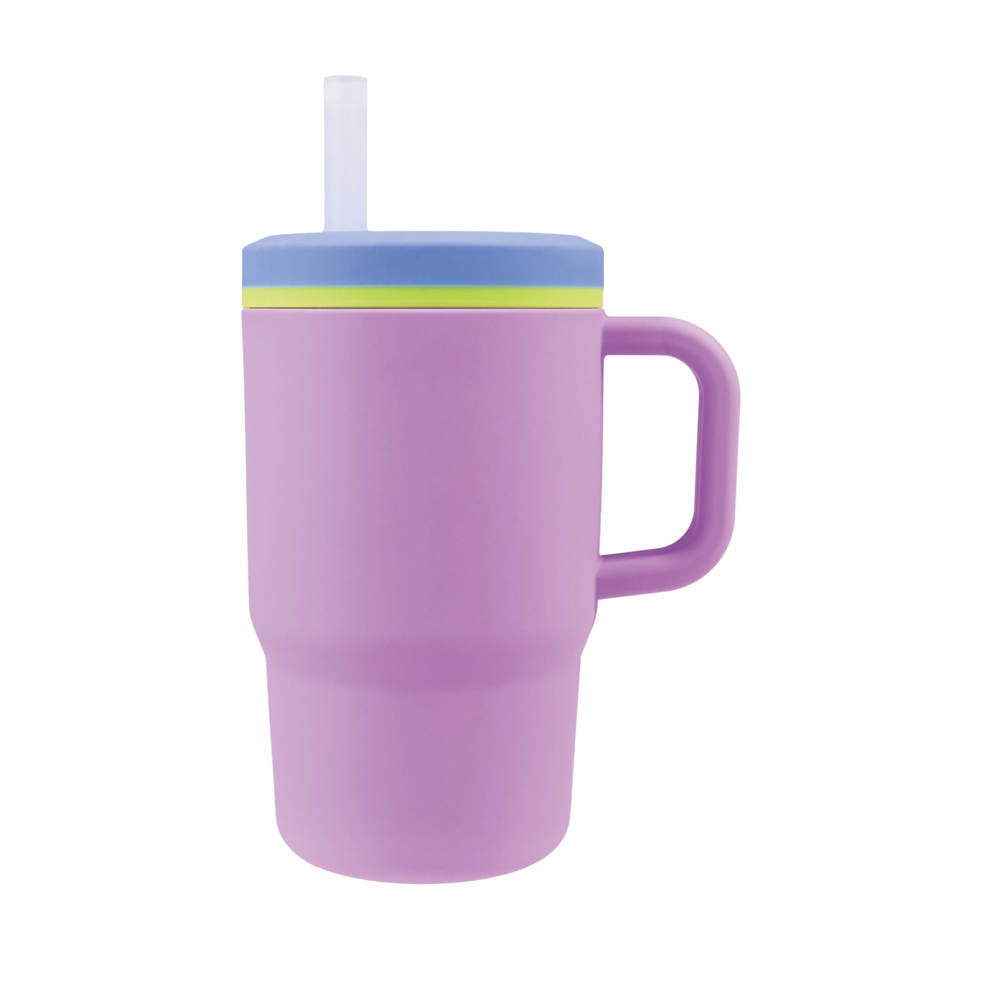 The Silicone Tiny Tumbler | Lavender, featuring a purple spill-proof cup with a large handle, blue lid, yellow-green accent, and a clear silicone straw, is shown on a white background.
