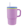 The Silicone Tiny Tumbler | Lavender, featuring a purple spill-proof cup with a large handle, blue lid, yellow-green accent, and a clear silicone straw, is shown on a white background.