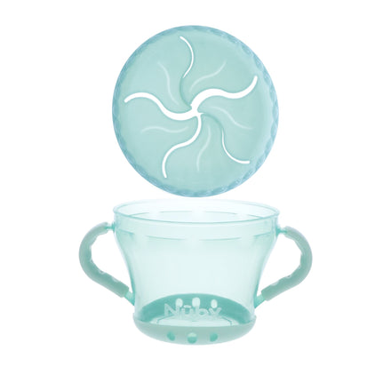 A light blue, two-handled plastic snack cup from the Nuby Toddler Feeding Set | Muted has a flexible spiral-slit lid hovering above. The transparent cup, branded with Nuby on the front, is perfect for encouraging self-feeding.