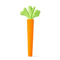 The Silicone Carrot Tube Teether features a carrot-shaped orange handle with a green top, made of textured silicone to provide teething relief for babies.